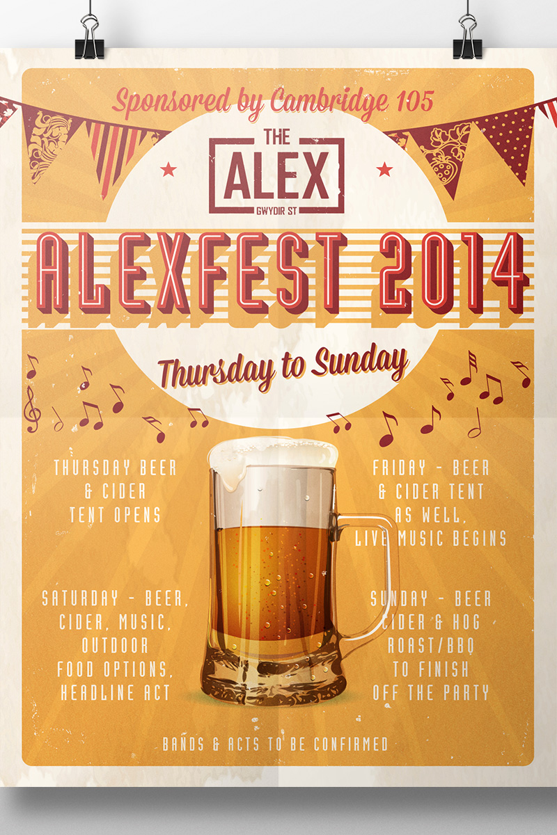 The Alex pub Cambridge posters designed for Alexfest aged distressed style
